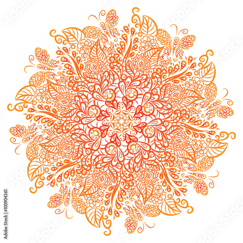 Vector mandala. White background. Red ornament.