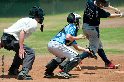 Photography High school baseball catcher with referee during game.