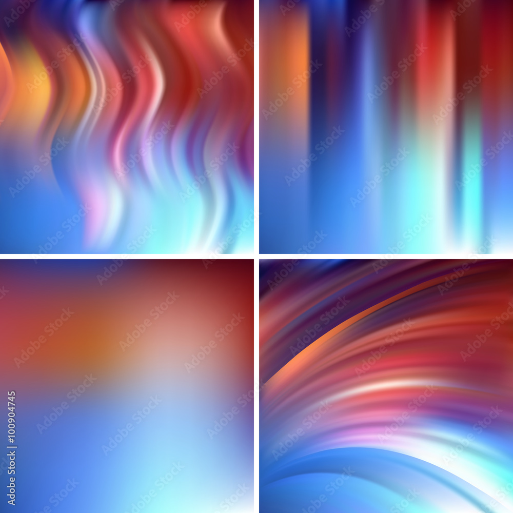 Abstract vector illustration of colorful background with blurred light lines. Set of four square backgrounds. Curved lines.