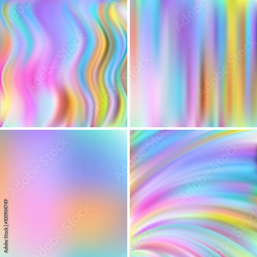 Abstract vector illustration of colorful background with blurred light lines. Set of four square backgrounds. Curved lines.