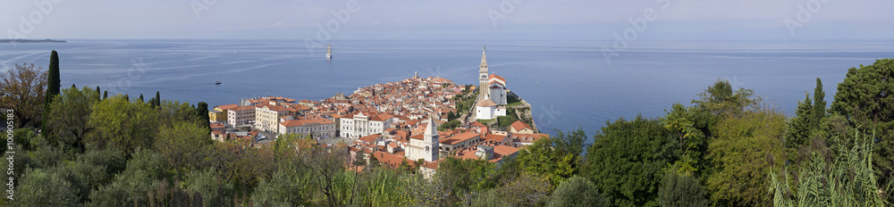 Piran (Italian: Pirano) old town in Slovenia, Gulf of Piran on the Adriatic Sea..Panoramic view of the city.  Natural green environment, blue sky, red roofs of houses and Church of Saint George .