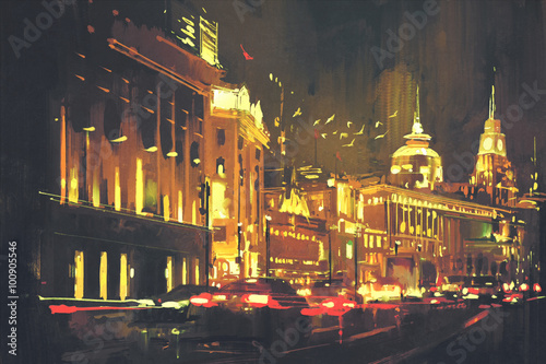painting of city street with colorful light,Shanghai The Bund at night