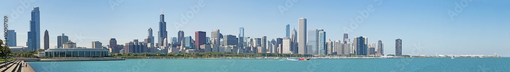 Chicago, Illinois: skyline, panoramica vista da Northerly Island, 23 settembre 2014