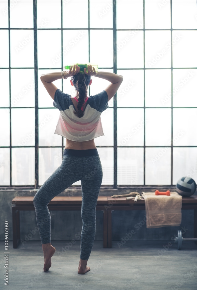 Rear view of woman standing looking out loft gym window