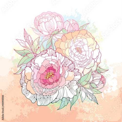 Round bouquet with five peony flower and leaves on the textured beige background with blots in pastel color. Floral elements in contour style.