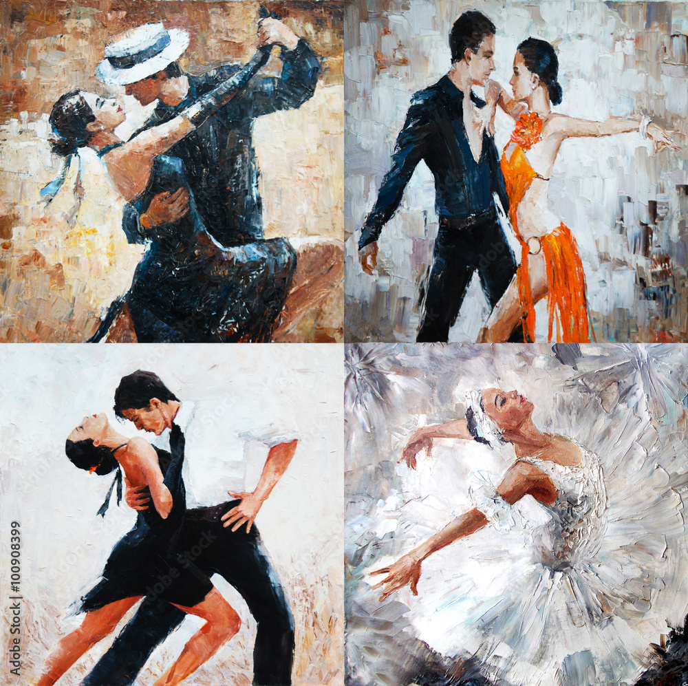 tango dancers, oil painting, girl ballerina. 4 IN 1 - obrazy, fototapety, plakaty 