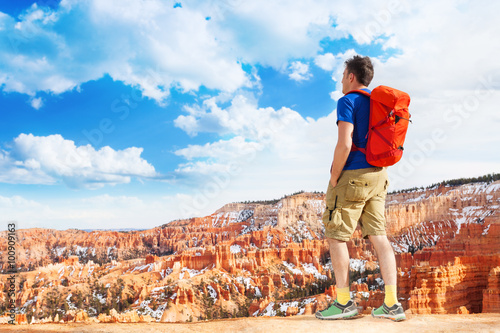 Portrait of man hiker backpack in Bryce canyon