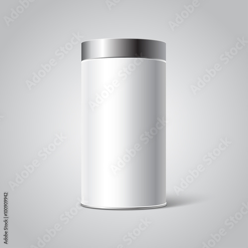Mockup of White Blank Tin can packaging. Tea, coffee, dry products, gift box. Place your design.