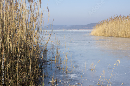 Lake Balaton in Hungary in th winter time with snow and ice and a blue sky