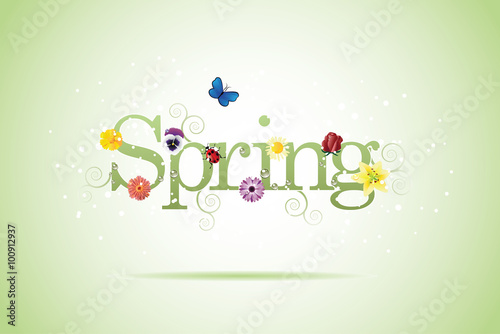 
Spring word, flowers and butterfly vector