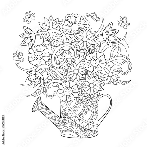 watering can with doodle flowers