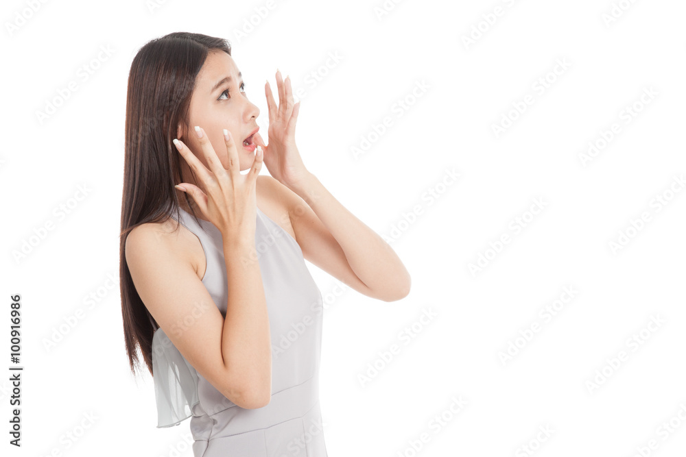Beautiful young Asian woman shocked and look up Beautiful young Asian woman shocked and look up