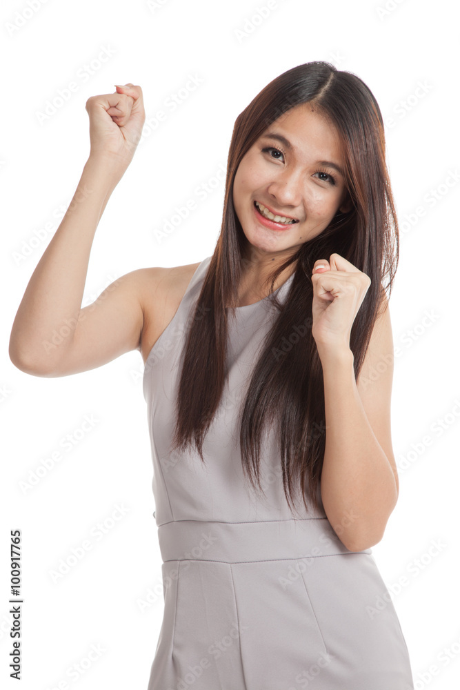 Happy Beautiful young Asian woman with both fist up Happy Beautiful young Asian woman with both fist up