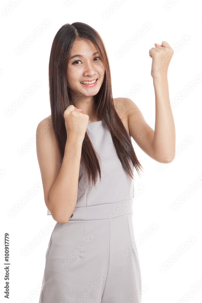 Happy Beautiful young Asian woman with both fist up Happy Beautiful young Asian woman with both fist up