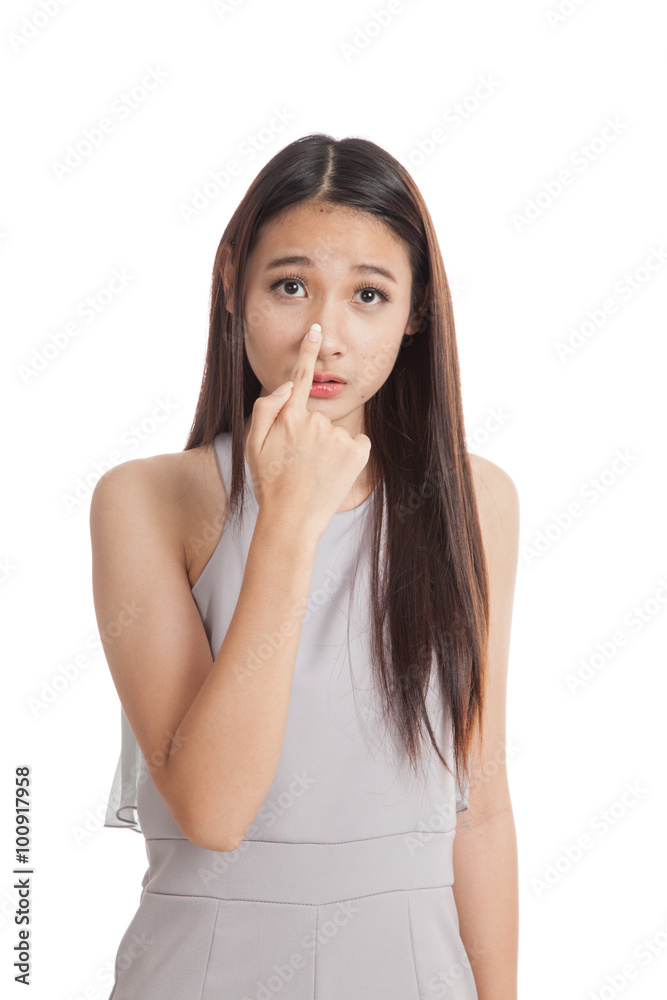 Young Asian woman point at herself ask why me Young Asian woman point at herself ask why me