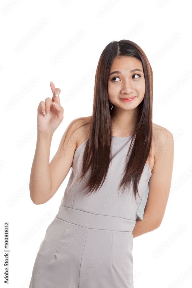 Beautiful young Asian woman cross finger Beautiful young Asian woman cross finger