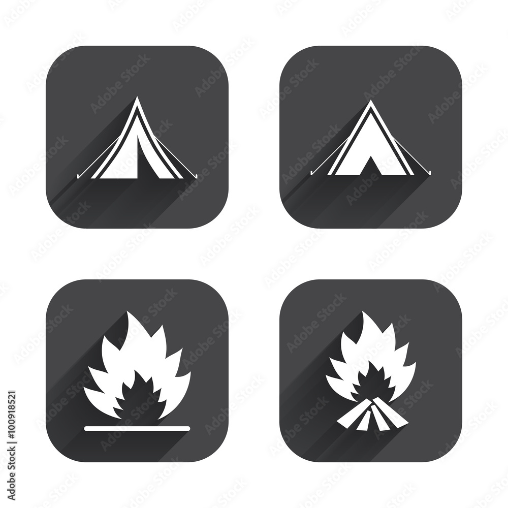 Tourist camping tent signs. Fire flame icons.