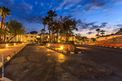 Evening view for road in illumination, white apartments, palm trees 