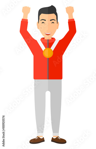 Athlete with medal and hands raised. © Visual Generation