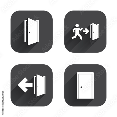 Doors signs. Emergency exit with arrow symbol.