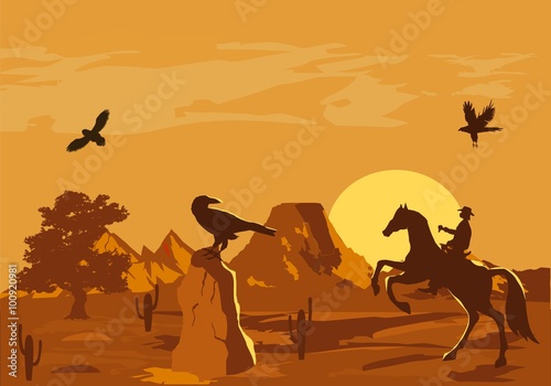 Vector illustration of prairie wild west with cacti and hero of the wild West