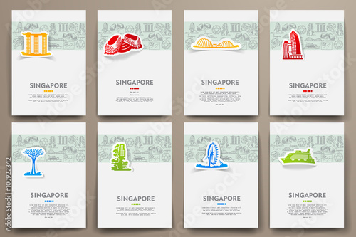 Corporate identity vector templates set with doodles Singapore theme