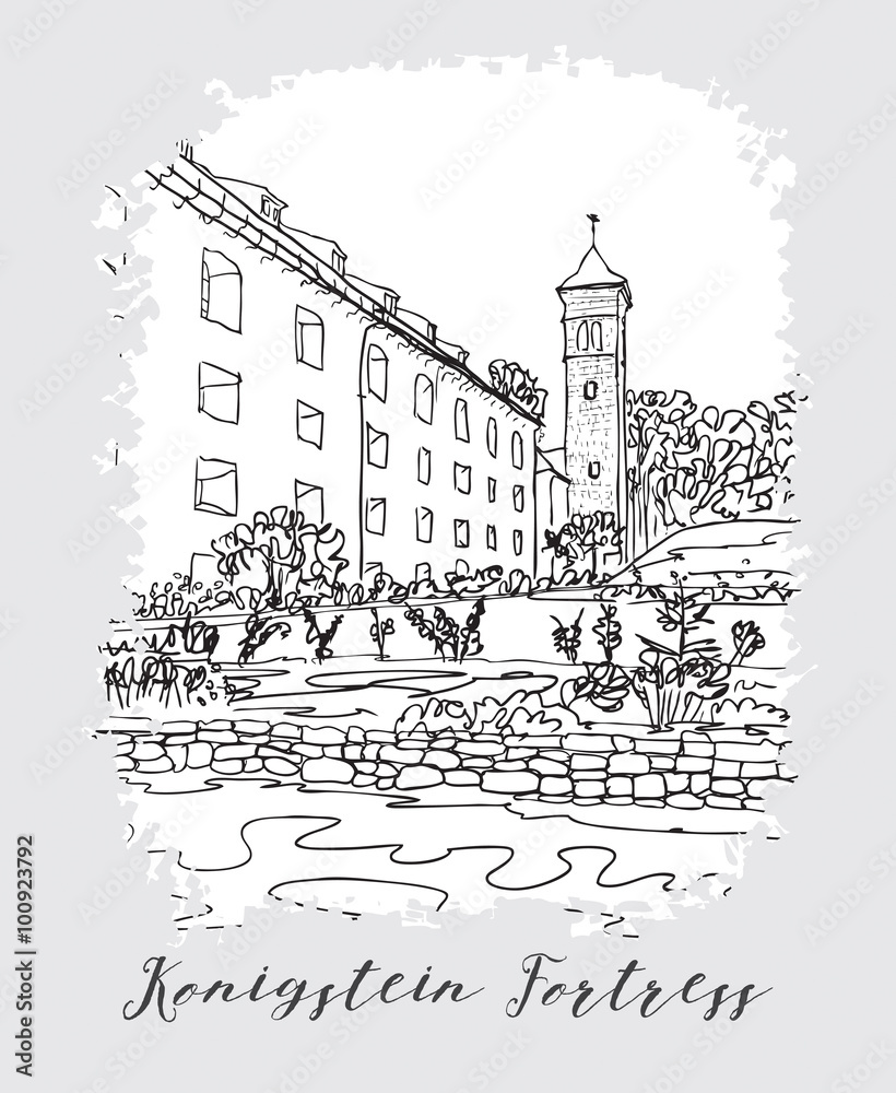 Series of vacation travel invitations card or flayers with calligraphic writing. Kenigstein Fortress, the Saxon Bastille, fortress near Dresden, in Saxon Switzerland, Germany, ink drawing imitation.