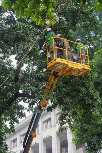 Hanoi, Vietnam - January 4, 2016: Gardeners trimming trees on cr