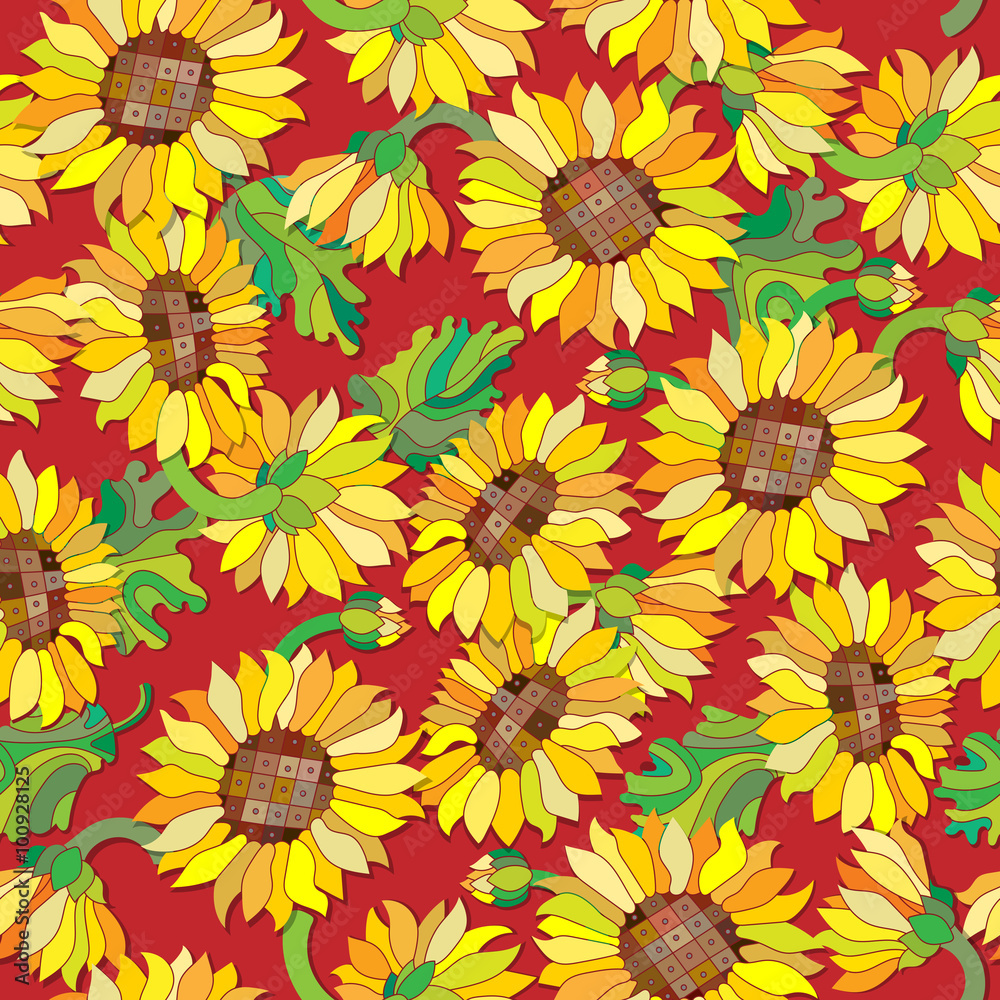 Seamless pattern with sunflowers on a red background Seamless pattern with sunflowers on a red background