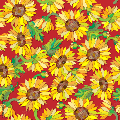 Fototapeta Naklejka Na Ścianę i Meble -  Seamless pattern with sunflowers on a red background