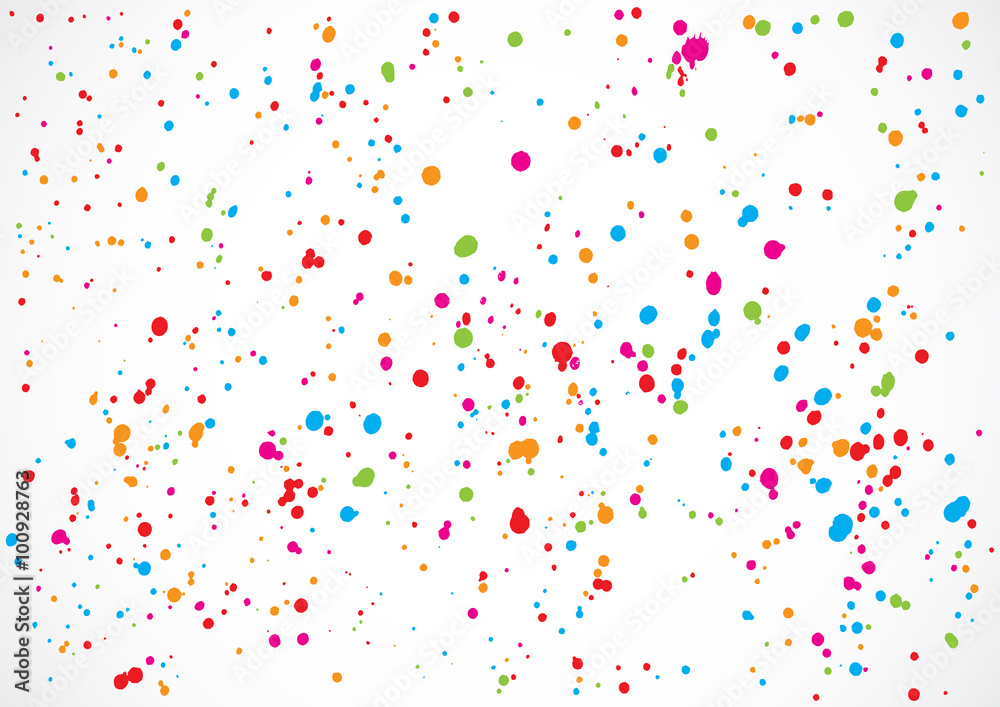 Colorful confetti isolated on white background. Abstract white background with many splattered falling round confetti pieces. Confetti random background Pattern made of calligraphy ink drops. Vector.