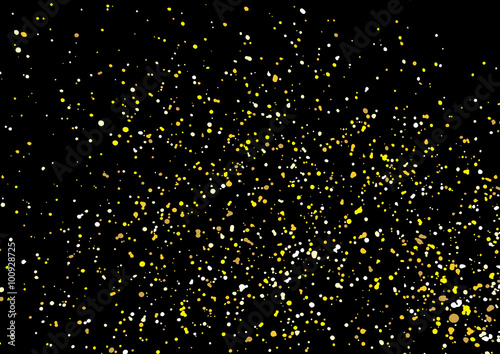 Gold glitter explosion on black background. Golden festive glitter blown on background.