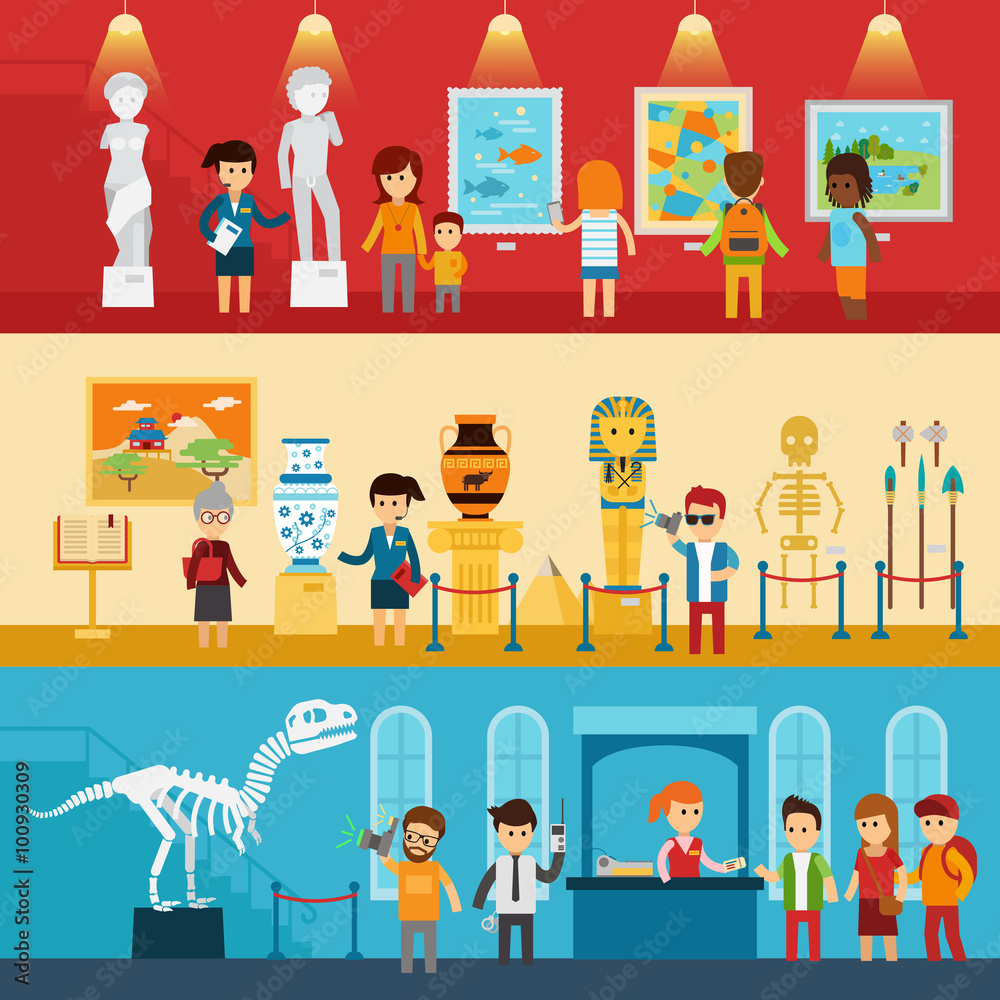 Art gallery visitors and antique museum of paleontology flat banners abstract isolated vector illustration. People look at the exhibition with guide, excursion to the museum. Infographic elements.