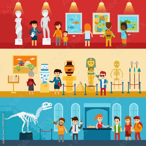 Art gallery visitors and antique museum of paleontology flat banners abstract isolated vector illustration. People look at the exhibition with guide, excursion to the museum. Infographic elements.