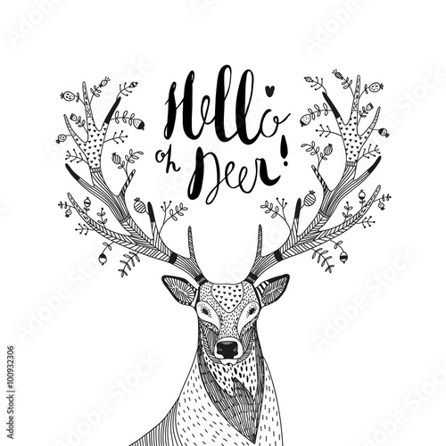 hand drawn vector illustration with a deer and text..
