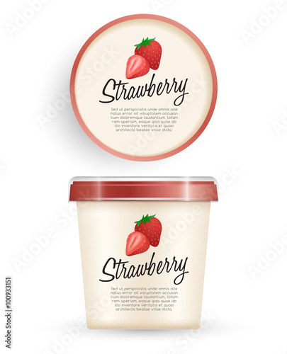 White Plastic Bucket With Red Lid : Strawberry Ice cream or Yogurt Container : Vector Illustration