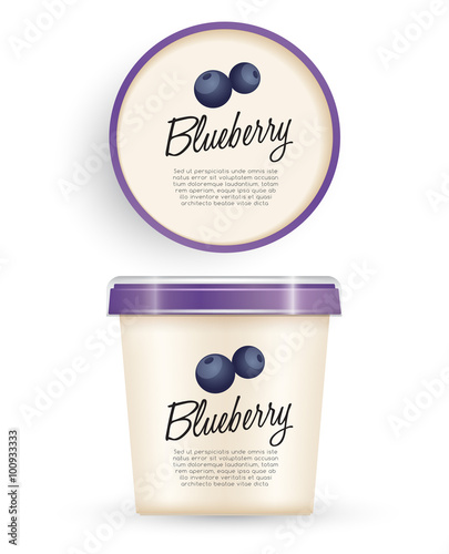 White Plastic Bucket With Purple Lid : Blueberry Ice cream or Yogurt Container : Vector Illustration