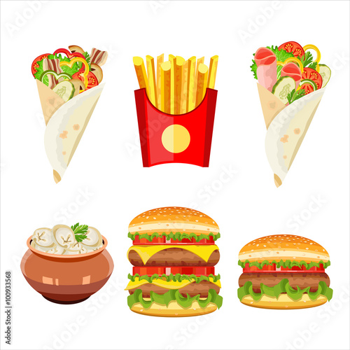 Set of vector isolated illustration, food. Dumplings, French fri