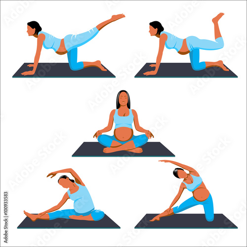 Yoga for pregnant, exercises. Set of vector illustrations on whi