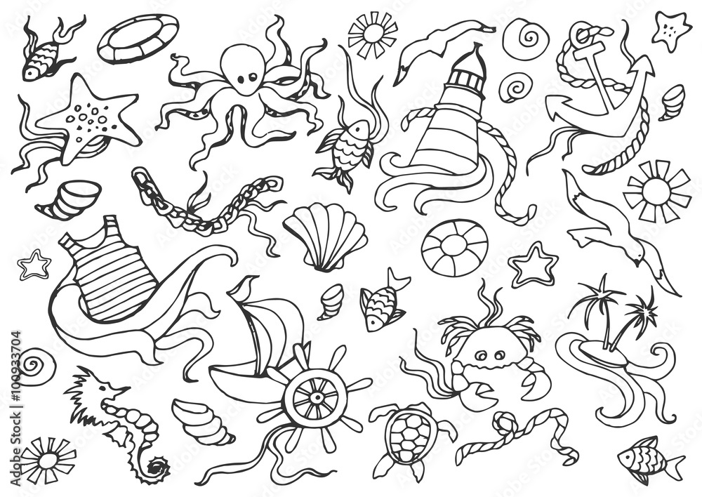 Doodle vector set of sea Doodle vector set of sea