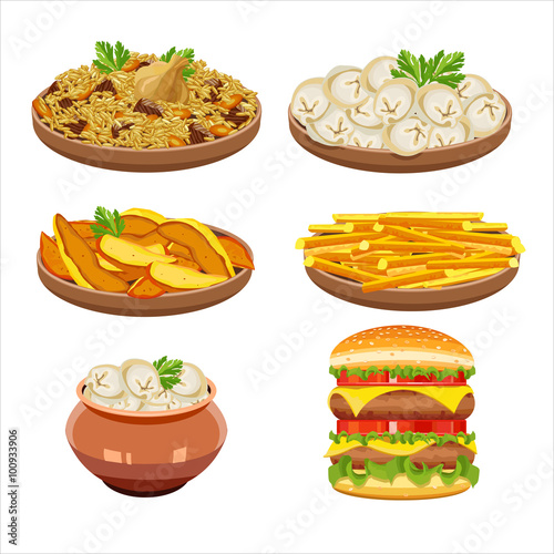 Set of vector isolated illustration, food. Rice, dumplings, Fren