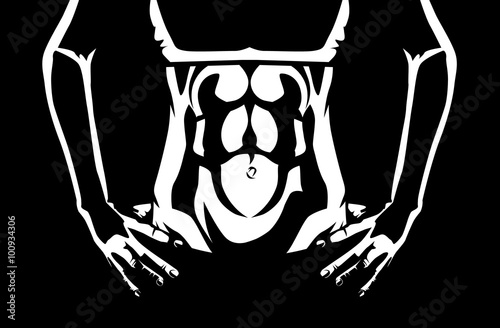 Close up abdominal muscles of healthy woman showing which wearing sportswear. Two tone color illustration about workout and healthy
