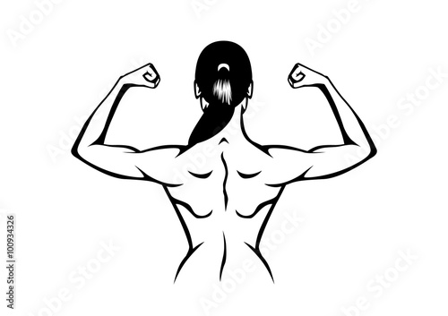 Healthy woman taking off his shirt to flex his back muscles on isolated background