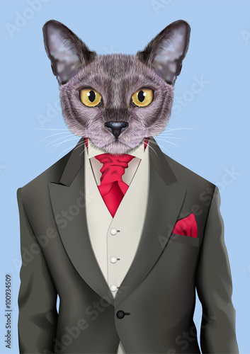 Cat boy dressed up in retro costume. Vector Illustration of cute anthropomorphic cat wearing classic jacket, vest and tie. Realistic Fashion stylish animal portrait isolated on blue background.