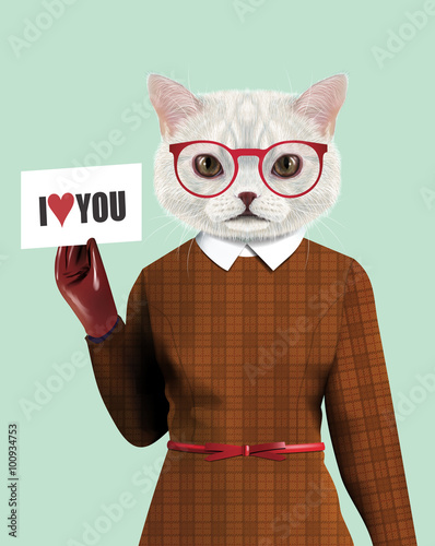 White Cat girl dressed up. Vector Illustration of cute anthropomorphic cat in dress, belt, gloves, glasses. Realistic fashion stylish animal isolated portrait. Cat is holding paper card I love You