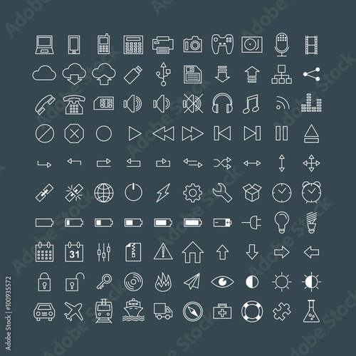 Set of Simple Vector Line Icons. Electronic Devices, Multimedia, Battery, Transportation
