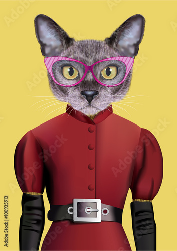 Cat girl dressed up in retro style. Vector Illustration of cute anthropomorphic cat wearing classic dress, belt, gloves sunglasses. Realistic Fashion animal portrait isolated on yellow background