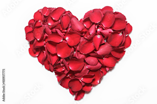 Heart of red rose petals on white background. Valentine's Day, anniversary etc background.