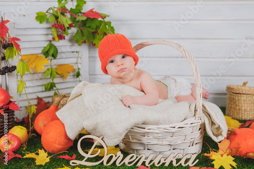 baby in the basket with pumpkins. autumn photo