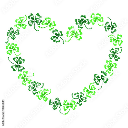 Doodle green clover shamrock heart Saint Patrick's Day vector line art isolated
